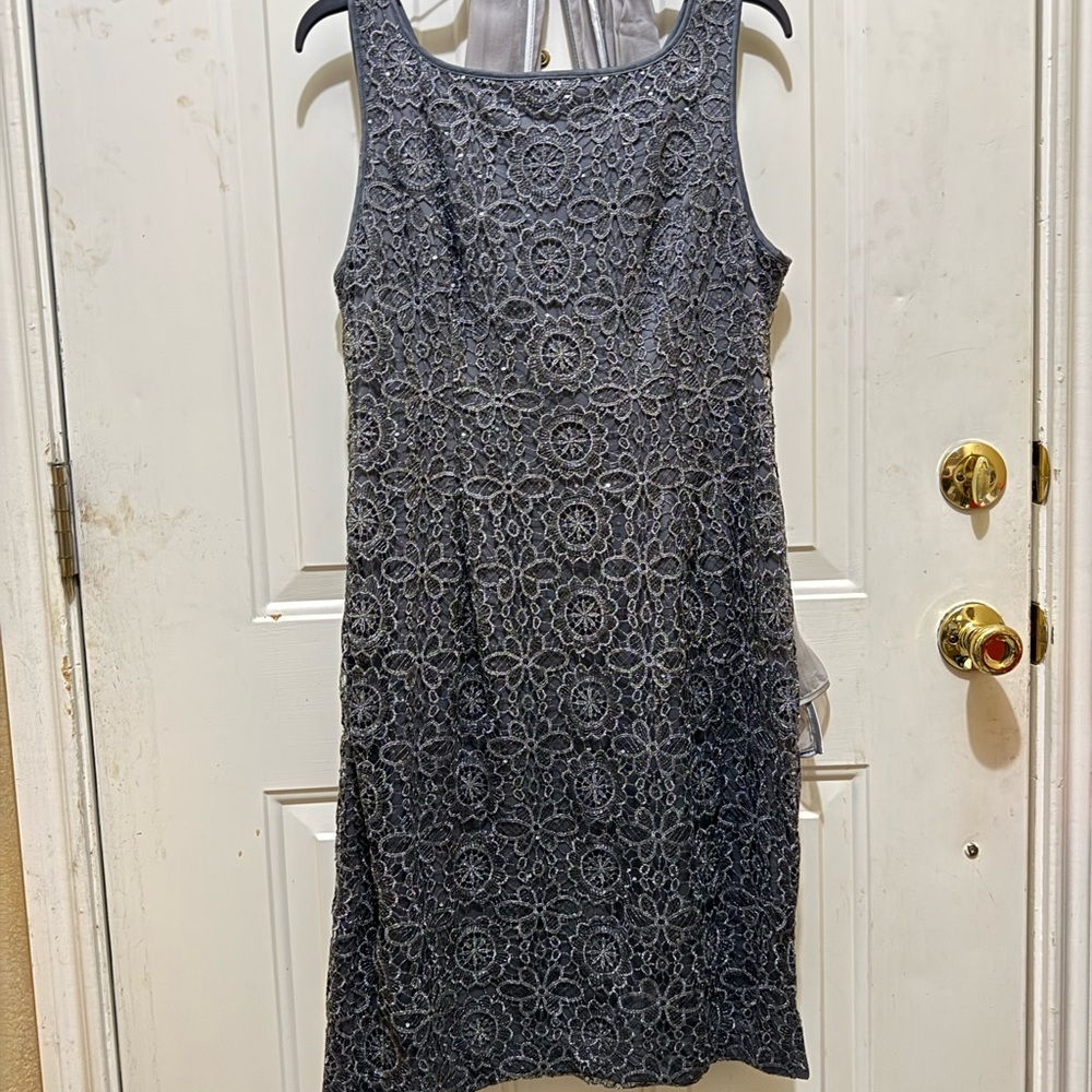 Adrianna Papell Charcoal Lace Midi Dress